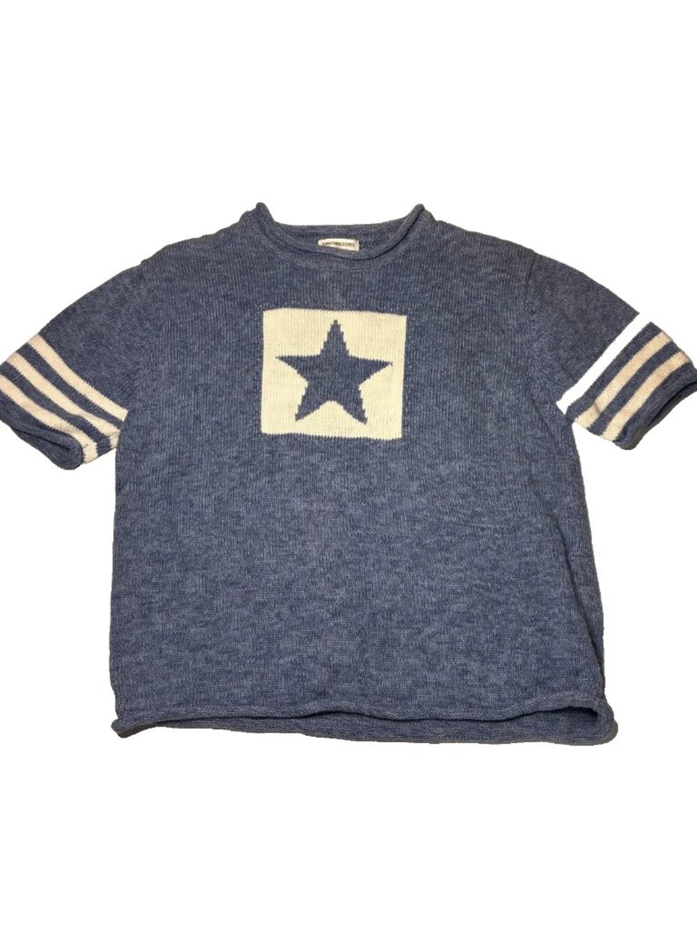 Vintage Hand Knit Cotton Ramie Jumper Sweater Star Logo Blue Cottage L